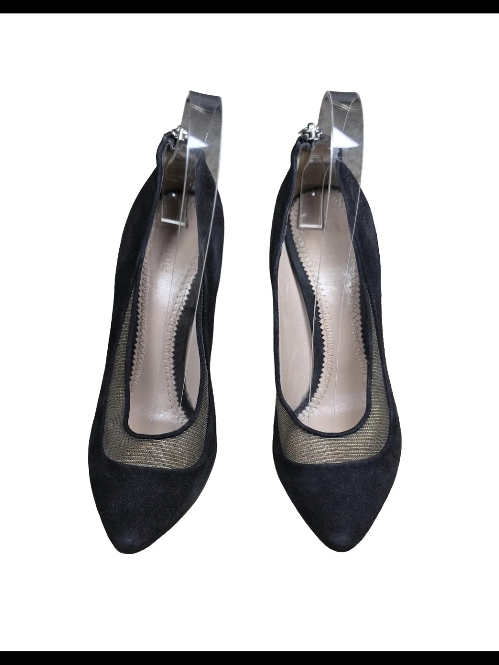 Chloé Black Suede Gold Mesh Back Zip Pointed Toe Heel Pumps 38